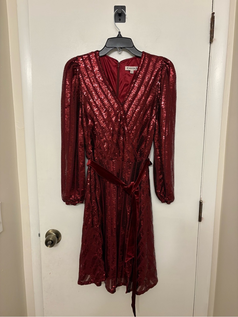 Nanette Lepore Burgundy Sequin Faux Wrap Dress Velvet Belt Holiday Womens 4